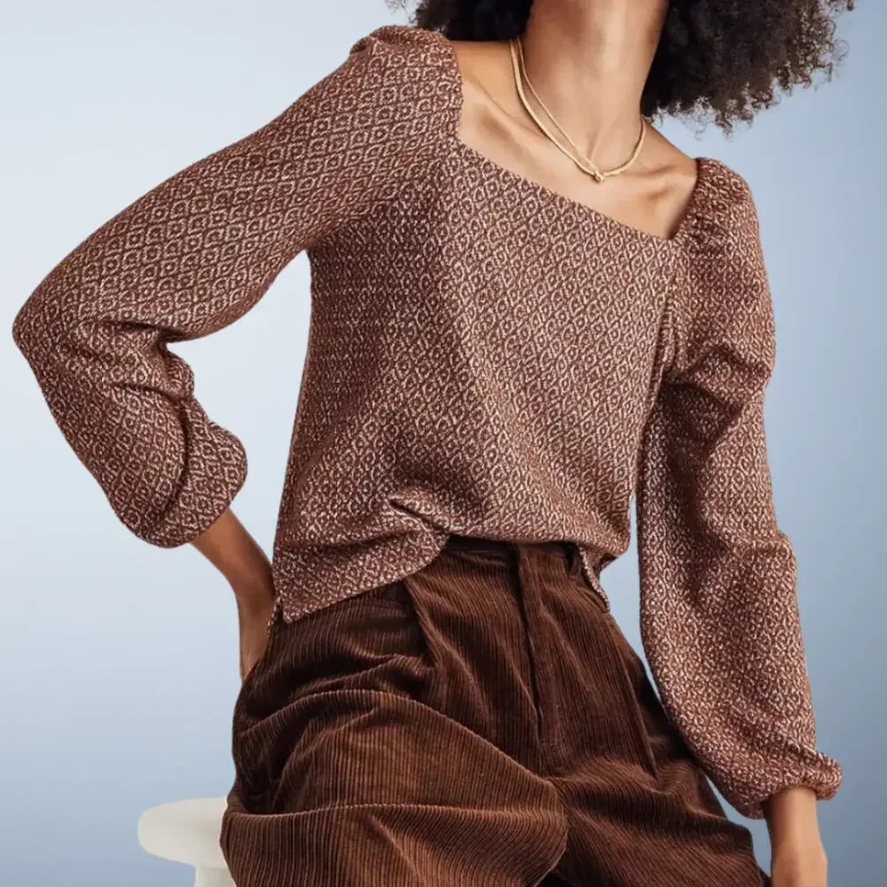 Madewell Jacquard Puff Sleeve Square Neck Long Balloon Sleeve Top Brown Small